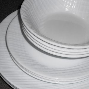 ❤️ 12-pc Corelle LINEN WEAVE DINNERWARE SET Plates Bowls *White Embossed