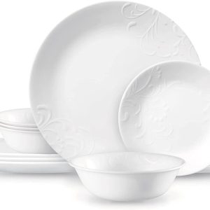 NEW 12-pc Corelle MADELINE DINNERWARE SET White Embossed Floral Cherish