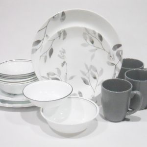 20-pc Corelle MISTY LEAVES DINNERWARE SET Plates Bowls & Mugs *Gray Grey Watercolors