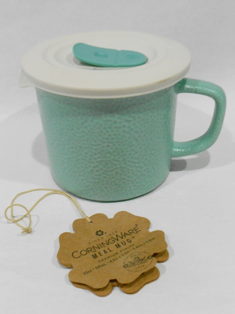 New CORNINGWARE French Pop-Ins HAMMERED AQUA Green 20-oz MEAL MUG