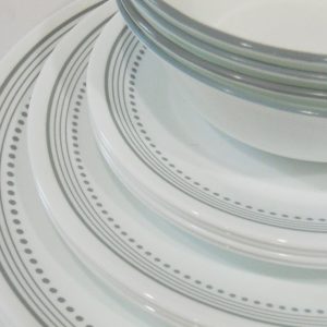NEW 16-pc Corelle MYSTIC GRAY Dinnerware Set BORDER of SOFT GREY BANDS & DOTS