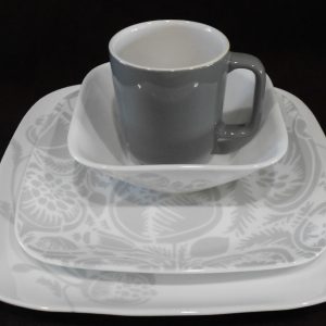 ❤️ NEW 16-pc CORELLE Night Blooms DINNERWARE SET Square Pale Gray Grey Floral