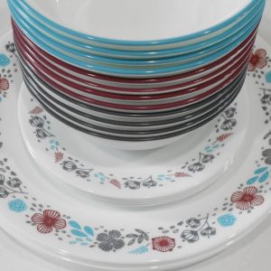 ❤️ 12-pc Corelle NORDIC BLOOM Dinnerware Set *Scandinavia Wildflowers Rasberry Teal Gray
