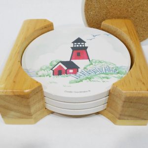 ❤️ NEW 5-pc Corelle OUTER BANKS Coaster & Wood Caddy Set / Lighthouse Nautical