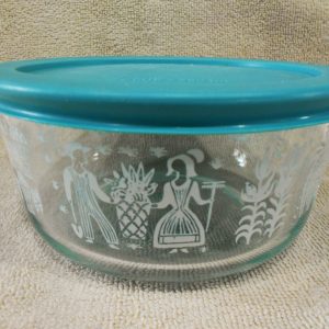 PYREX 4 Cup AMISH BUTTERPRINT Glass Storage Bowl Turquoise WHITE Rooster Wheat