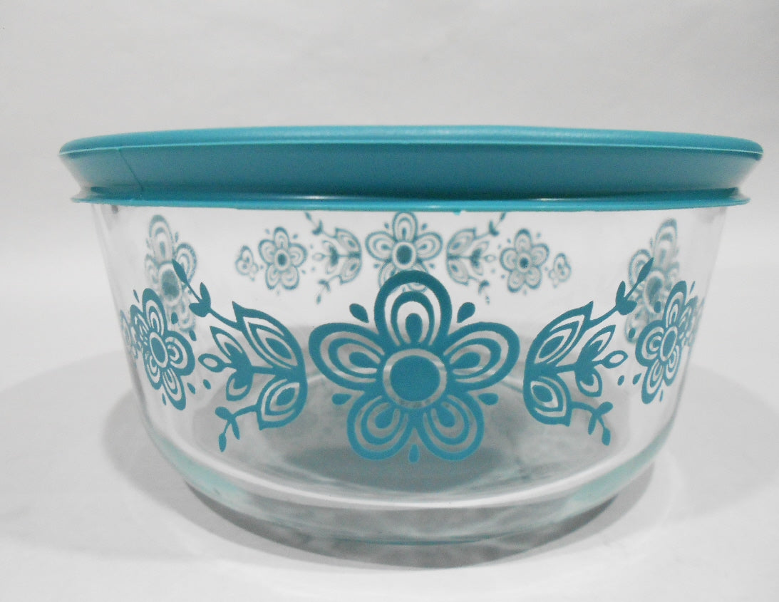 HTF Vtg. Pyrex BUTTERFLY Daisy TURQUIOSE BLUE 4-Cup Glass Storage Bowl & Cover