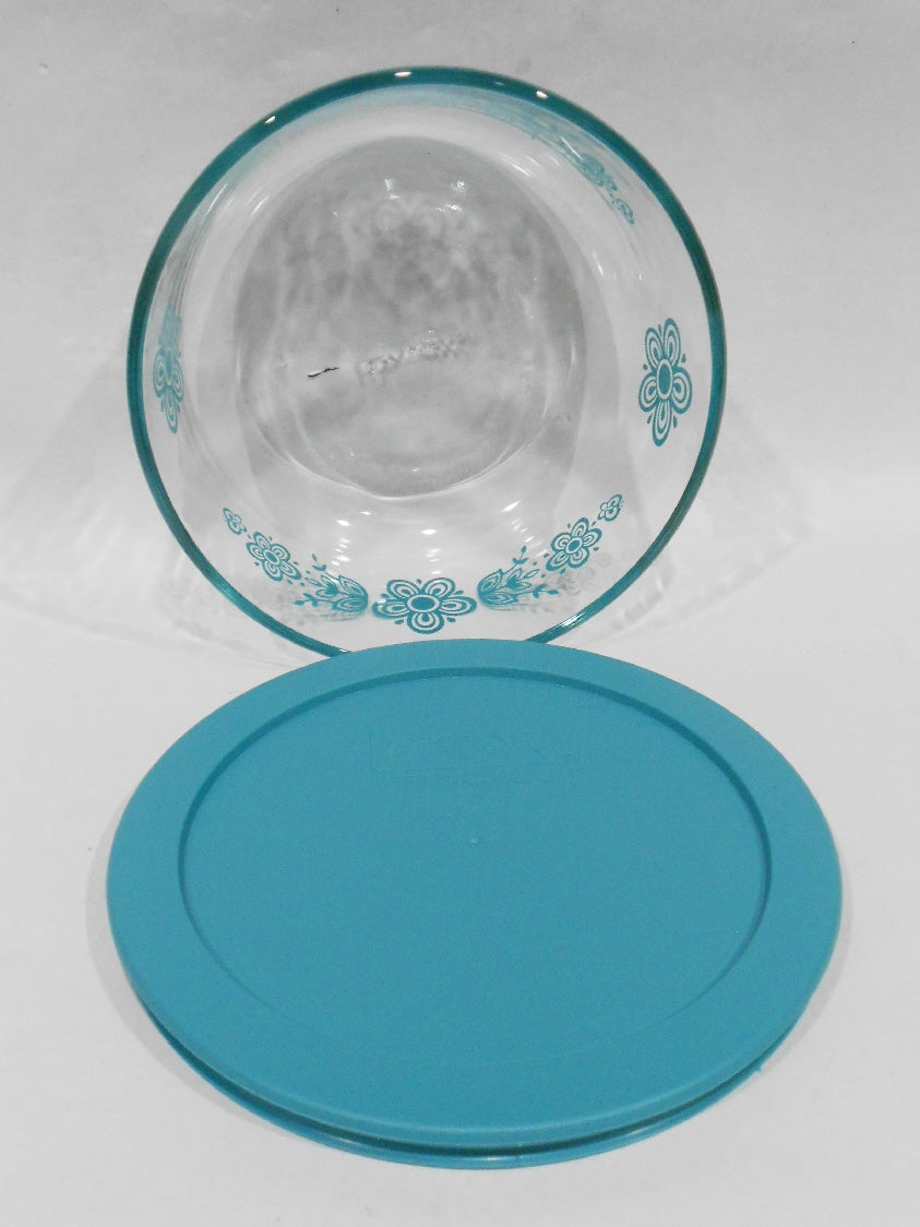 HTF Vtg. Pyrex BUTTERFLY Daisy TURQUIOSE BLUE 4-Cup Glass Storage Bowl & Cover - Image 4