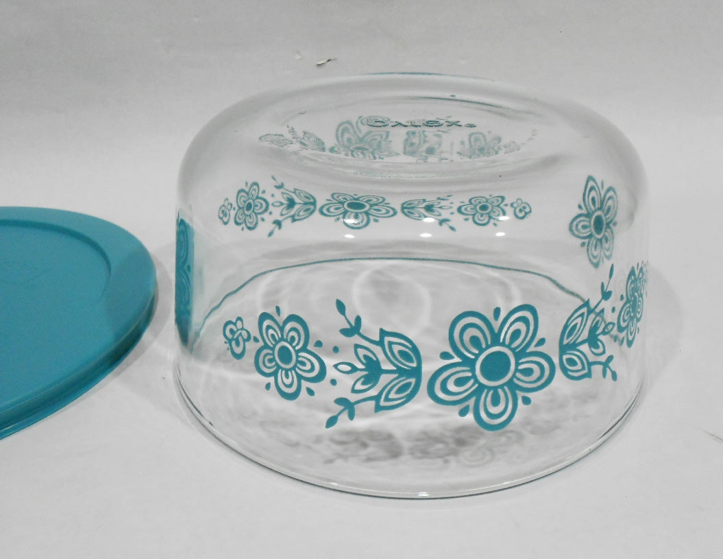 HTF Vtg. Pyrex BUTTERFLY Daisy TURQUIOSE BLUE 4-Cup Glass Storage Bowl & Cover - Image 5