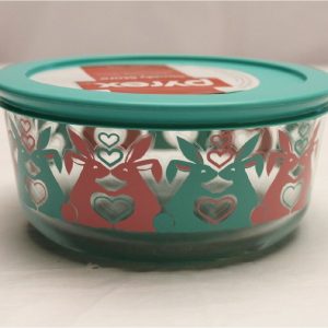 PYREX 4 Cup Glass Storage Bowl SPRING FLING BUNNY Love Pink Turquoise Blue Hearts