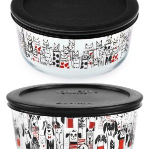 Pyrex CITY CATS or DOGS 4 Cup ROUND Storage Bowl Suit Tie KITTY / PUPPY LOVE Hearts