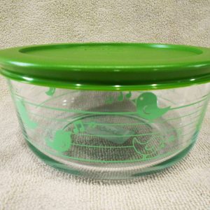 PYREX 4 Cup MINT Spring GREEN BIRDS Glass Storage Bowl EASTER CHICKS Musical Notes