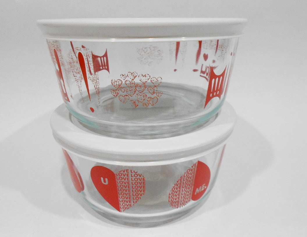 NW 4-pc PYREX Valentine 4 Cup Storage BOWLS * I LOVE YOU Red HEARTS White Covers - Image 2
