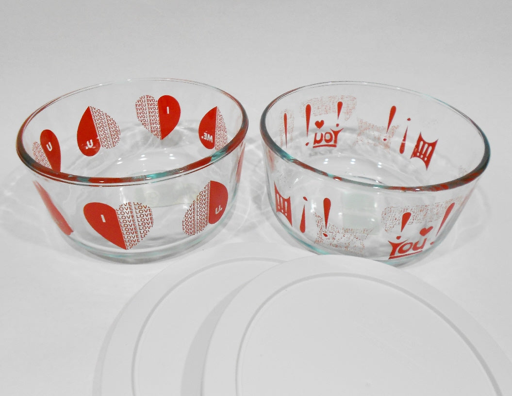 NW 4-pc PYREX Valentine 4 Cup Storage BOWLS * I LOVE YOU Red HEARTS White Covers - Image 3