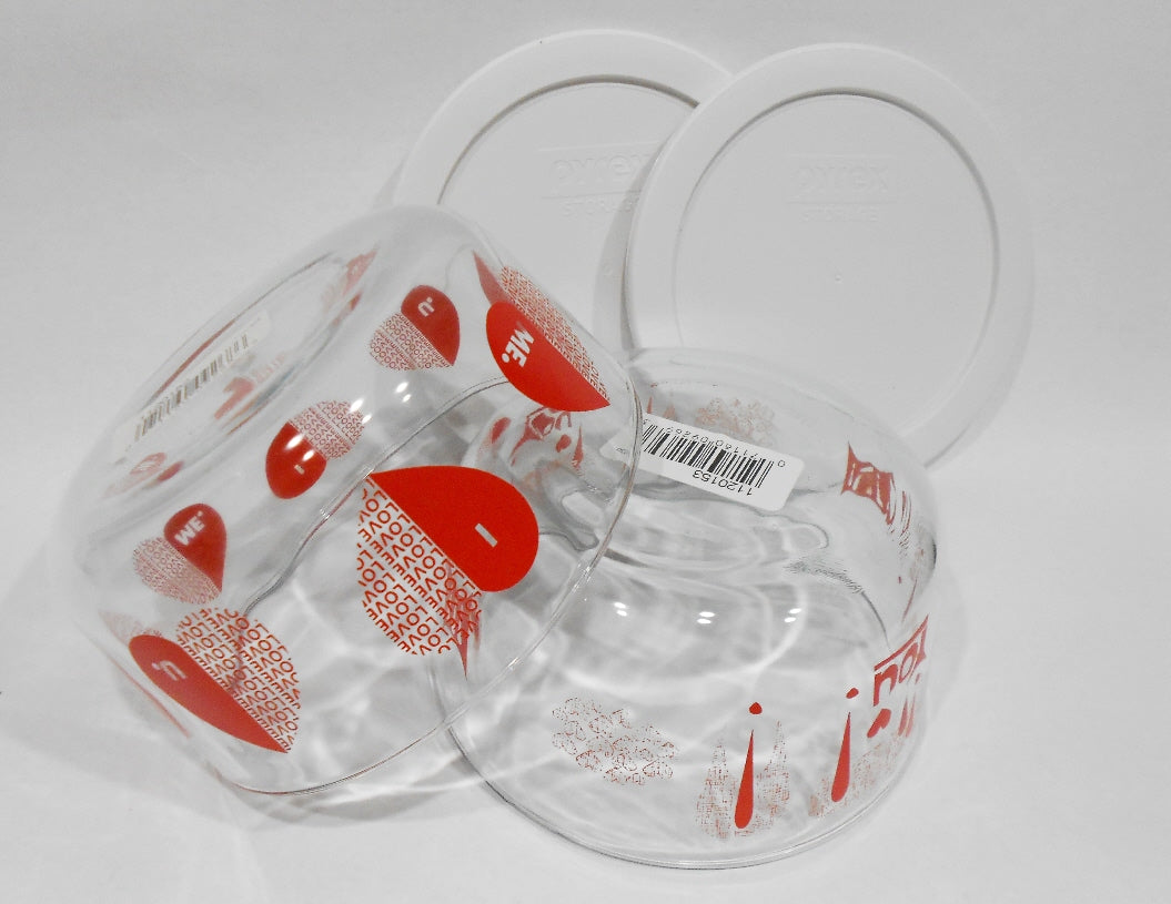 NW 4-pc PYREX Valentine 4 Cup Storage BOWLS * I LOVE YOU Red HEARTS White Covers - Image 4