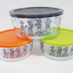 6-pc Pyrex MARIACHI BAND Storage Bowls Halloween BLACK Day of the Dead Skeletons
