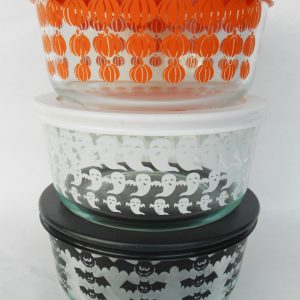 6-pc PYREX Halloween 4-Cup STORAGE BOWLS w/Covers 1-Qt Pumpkins. Ghosts & Bats