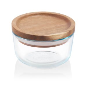 1 PYREX 2 CUP Glass Food Storage Container w/ WOODEN LID & SEAL Dry Goods. Crafts