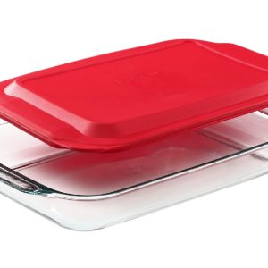 PYREX 4.5 Qt Rectangular Storage POPPY RED PLASTIC COVER 234-PC Tab Handle 15x10