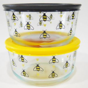 PYREX 4 Cup BEE HAPPY Storage Bowl *Choose: YELLOW or BLACK Hearts Honeybees Hive