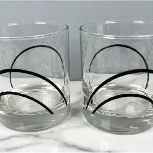 HTF 2 Corelle SIMPLE LINES 9-oz GLASSES 3.5 Rocks Glass *Sweeping BLACK ARCS