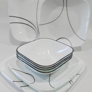 ❤️ 12-pc Corelle Square SIMPLE LINES DINNERWARE SET Plates Bowls *Sweeping Black Arcs