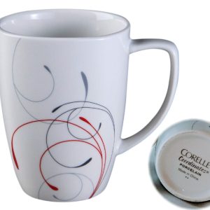 NEW Corelle Square SPLENDOR 12-oz Porcelain MUG Cup *Red Gray Curled Scrolls