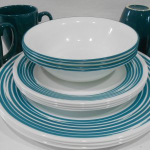 ❤️ NEW Corelle 16-pc BRUSHED STROKES TURQUOISE Blue WIDE Rim DINNERWARE Set