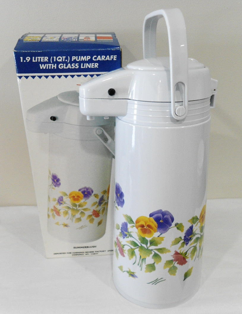 NEW Corelle Corning SUMMER BLUSH 1-Qt PUMP CARAFE Thermal Hot Cold Coffee Tea