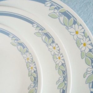 Corelle JASMINE 10 1/4 DINNER Plate WHITE Floral Blossoms Motif & BLUE Bands NW