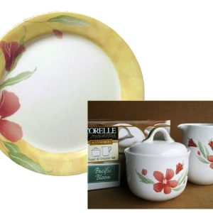 Corelle PACIFIC BLOOM Stoneware CREAM & SUGAR Set GARDEN PARADISE Red Floral NEW