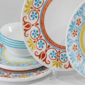 ❤️ Corelle TERRACOTTA DREAMS 12-pc DINNERWARE SET Mexican Tile Turquoise Yellow Orange