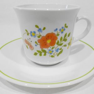 1 NEW Corelle Corning WILDFLOWER CUP & SAUCER SET Orange Poppy Green Band