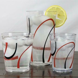 4 Corelle FINE LINES 14-oz ROCKS / Old Fashioned Acrylic DRINKWARE Beverage Glasses Red Black